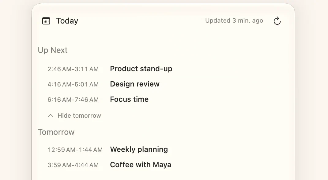Dayline showing upcoming events for today and tomorrow
