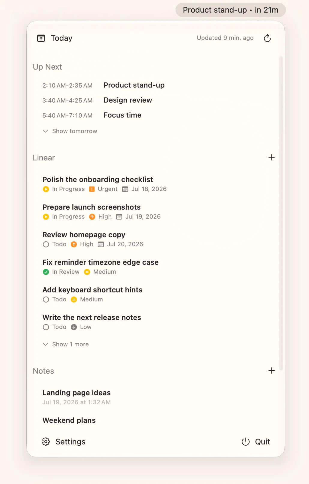 The Dayline menu showing today's calendar events, Linear issues, and notes