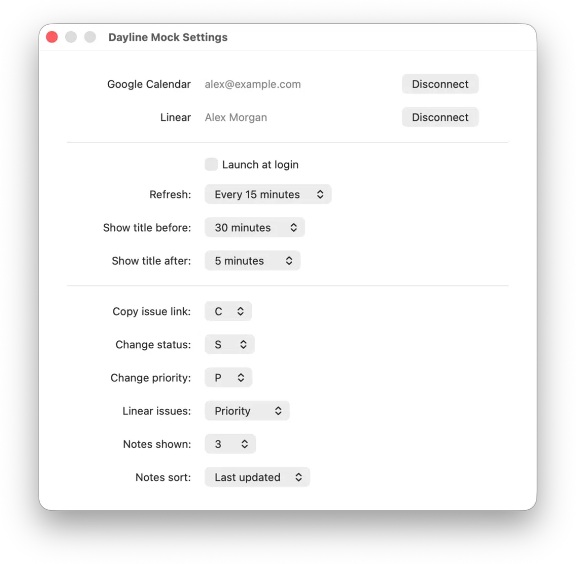 Dayline settings window