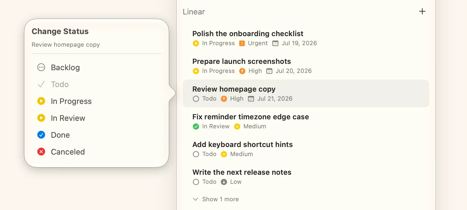 Dayline showing active Linear issues with the status picker open
